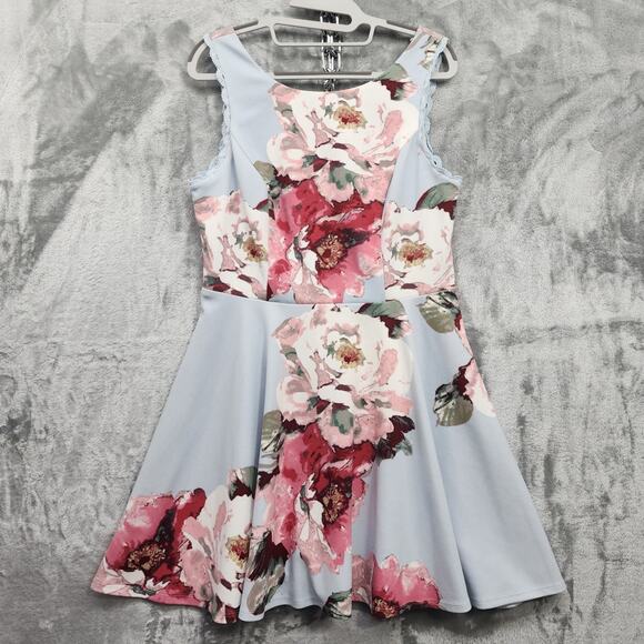 City Studio Dress Womens 13 Juniors Gray Pink Floral Sleeveless Lace Trim Skater - Picture 1 of 11